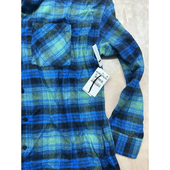 Flannel Shirt! Rayon Cotton Button Up Oversized XS Blue Green BP Quality Plaid - Picture 2 of 6